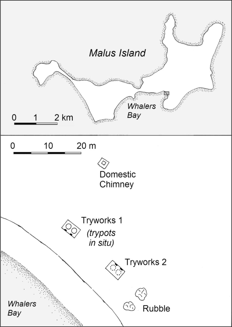 Maps of Whalers Bay and Malus Island.