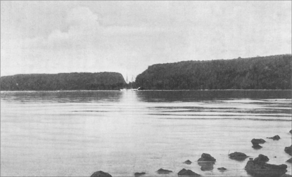 Black and white image of a lake.