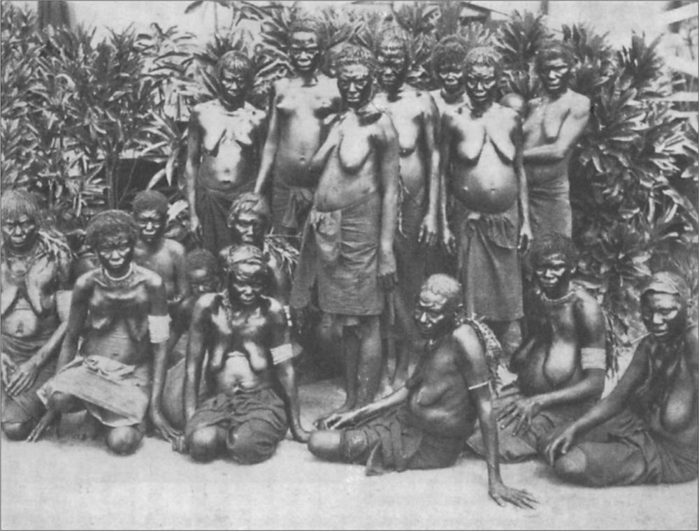 Black and white image of a group of women sitting and standing in a group in front of many small trees.