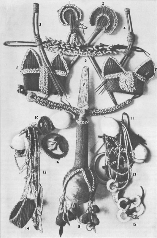 Black and white image of various decorations.