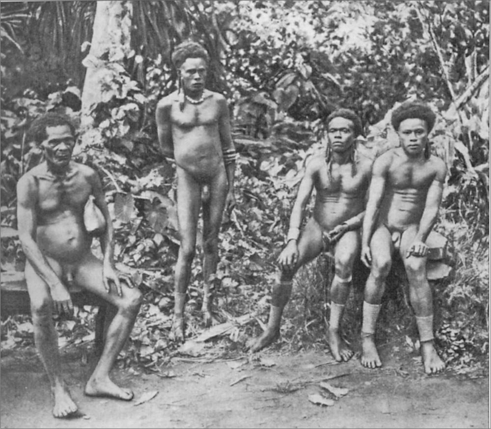 Black and white image of a group of men sitting in front of the leaves and trees.