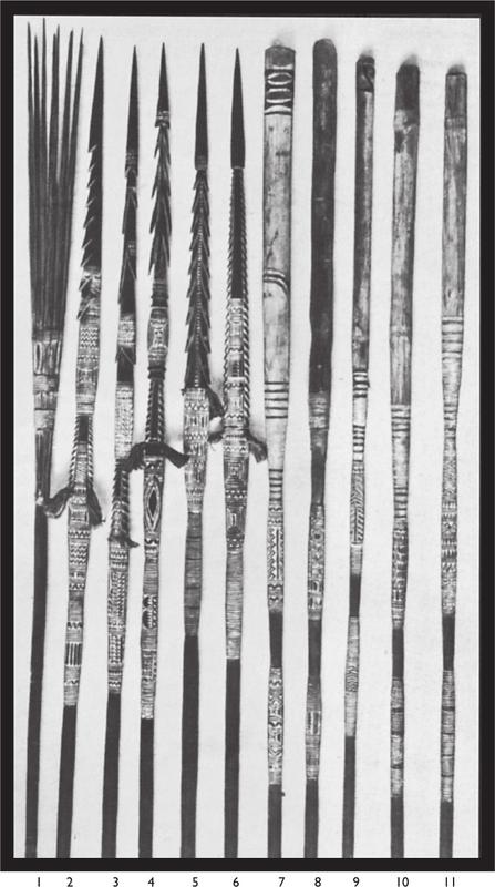 Black and white image of various spears.