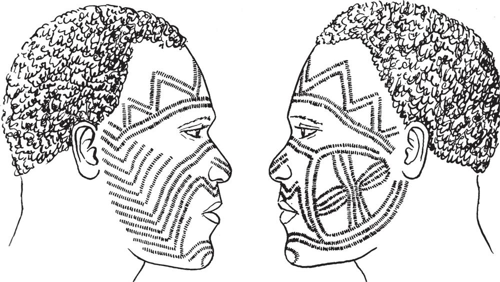 Two sketches of facial tattooing.