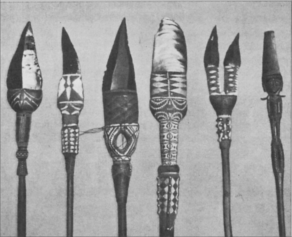 Black and white image of various spears.