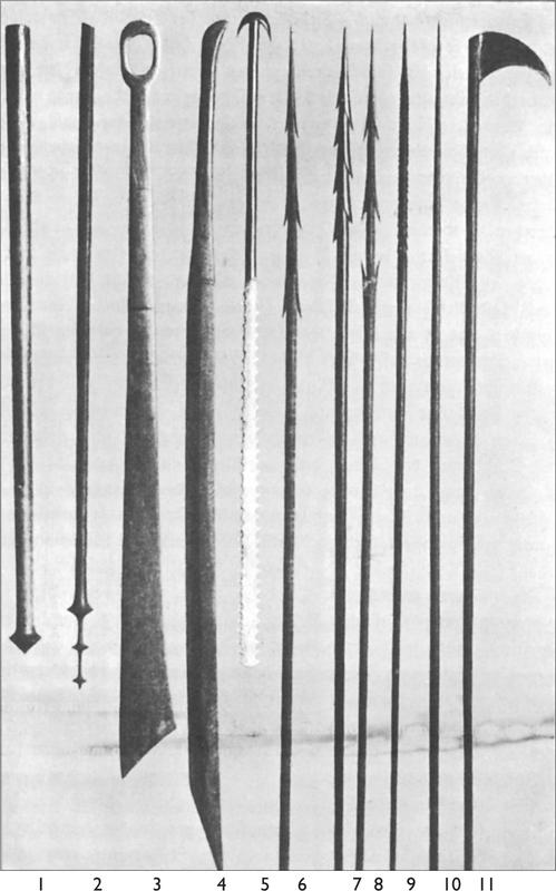 Black and white image of various weapons.
