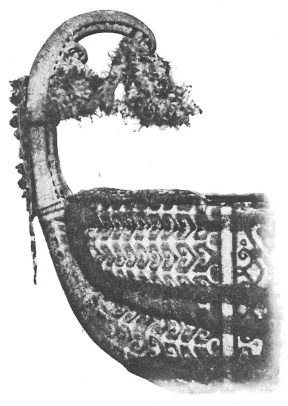 Black and white image of a canoe prow.