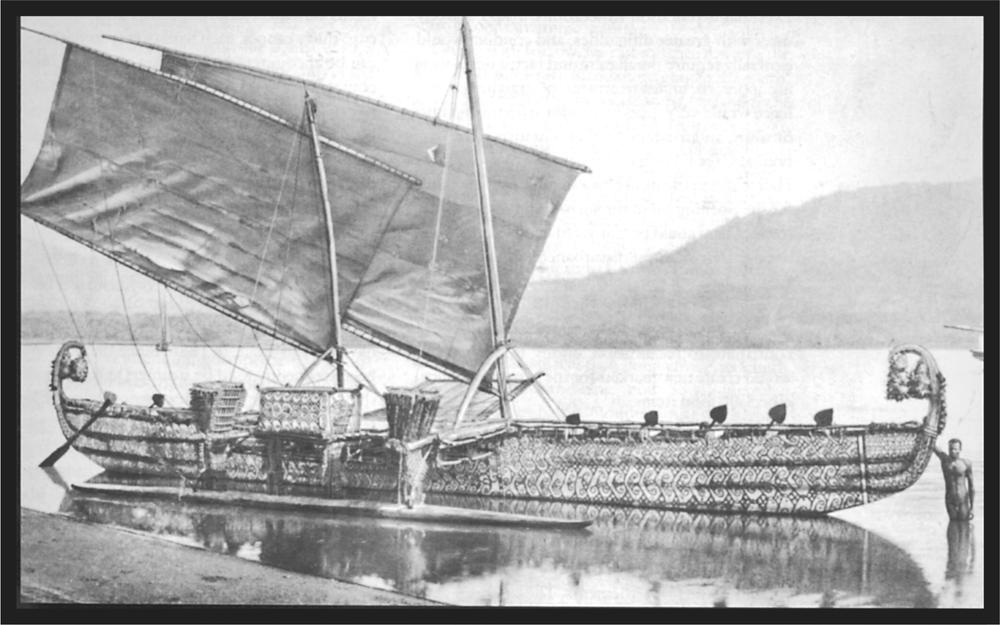 Black and white image of a large sailing canoe.