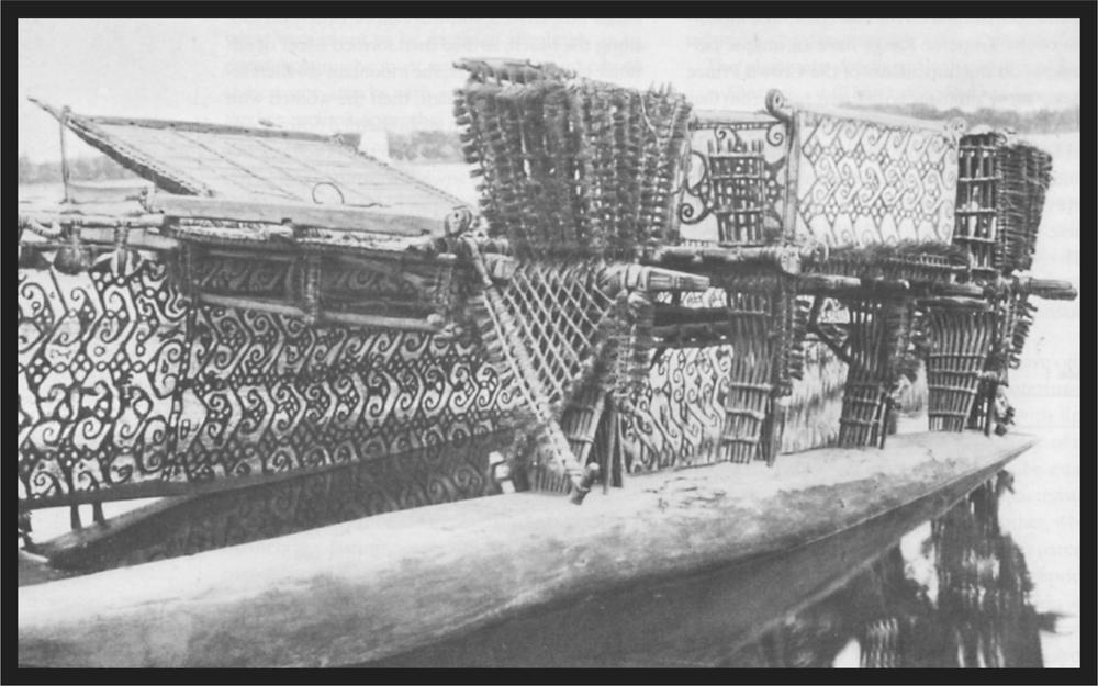 Black and white image of an outrigger of a canoe.