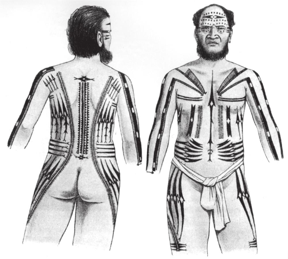 A sketch of a man with body paint, there is a front and back view.