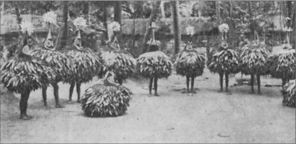 Black and white image of a group of dancers with leaves and feather dresses.