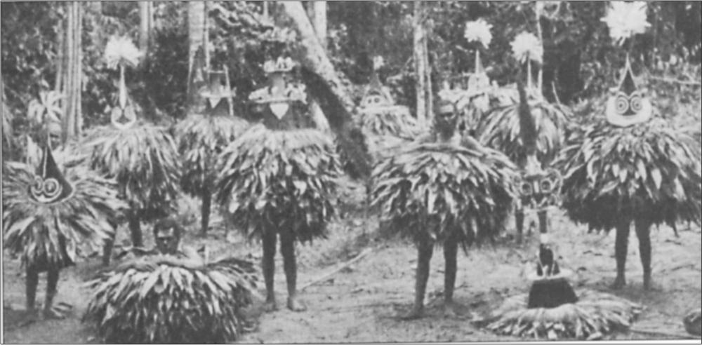 Black and white image of a group of dancers in leaf and feather dress.