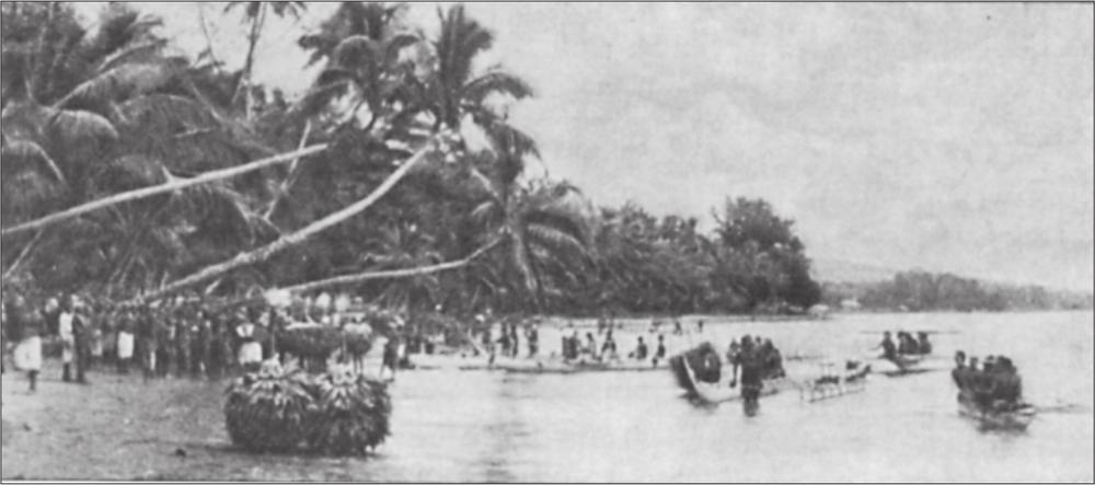 Black and white image of a group of villages on the water, many in canoes.