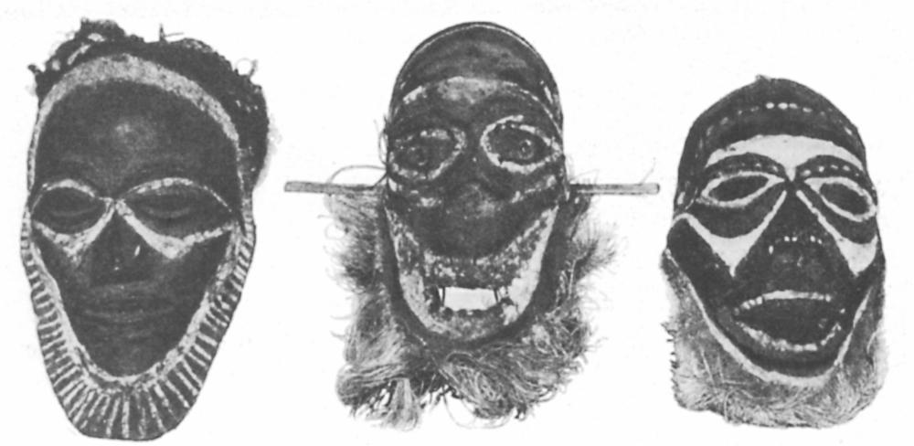 Black and white image of various skull masks.