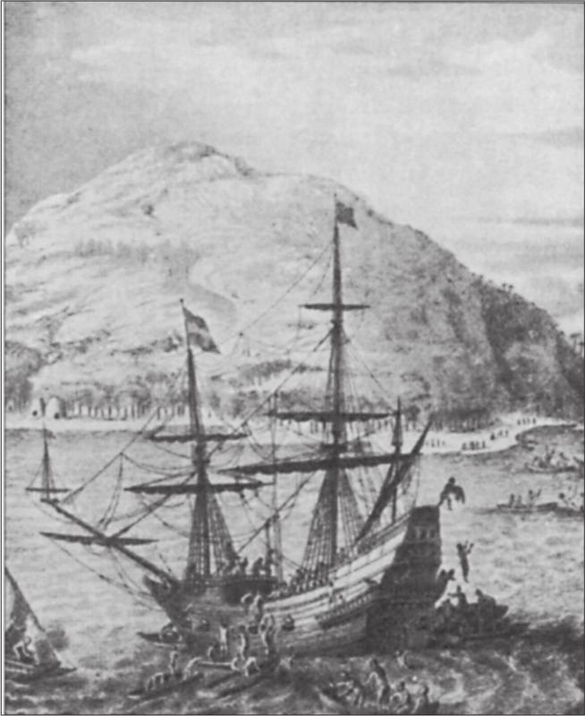 Sketch of a large sail boat inthe water in front of an island.