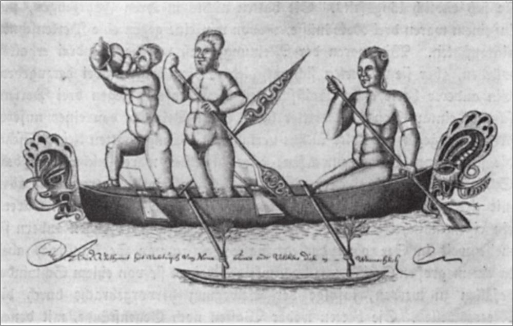 Drawing of natives in a long canoe.