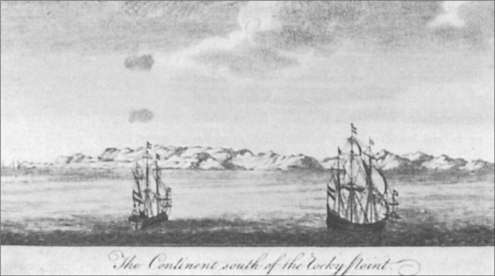 Painting of two ships on the water.