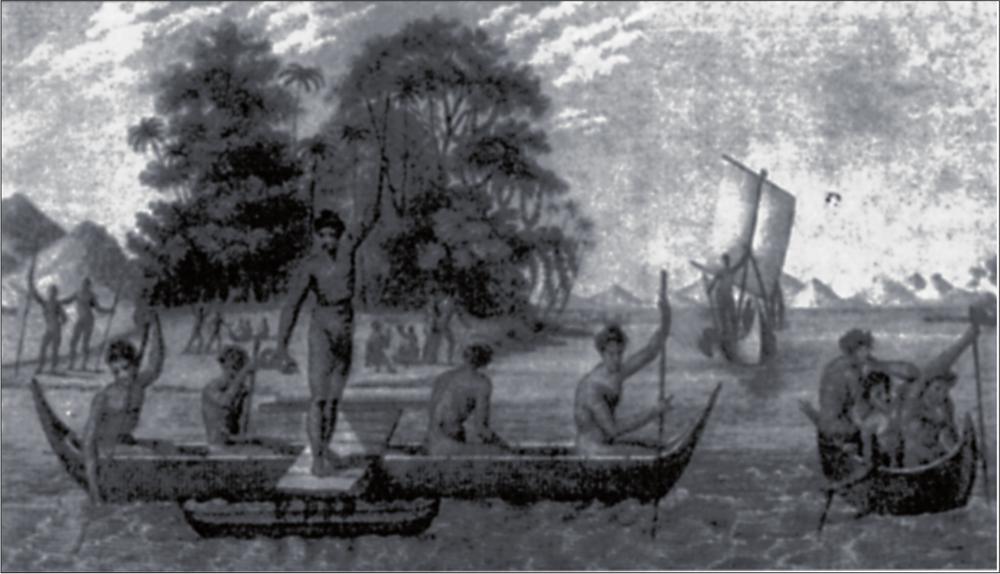Black and white image of  islanders on long canoes.
