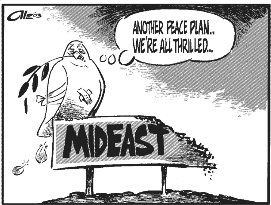 A black and white illustration by Olle Johansson, dated 2003. A large bird with a bandaged wing and a cross-shaped bandage on its chest, sits on a large sign that says: MIDEAST. The sign has its right corner disintegrated and the bird has an expression of fatigue. It is holding a thin branch with four leaves in its mouth. The thought bubble says: Another peace plan... we're all thrilled...