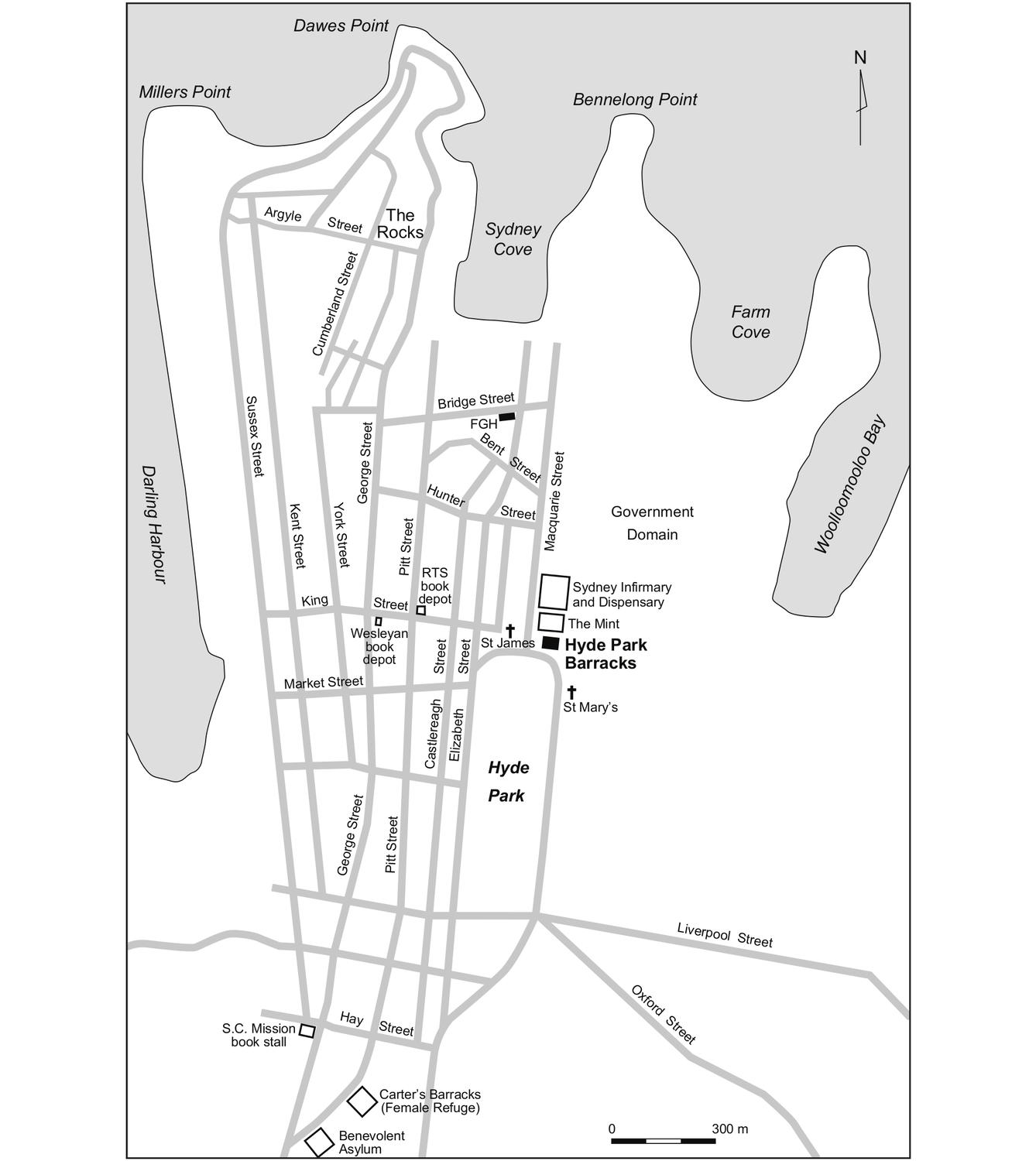 An aerial map of Hyde Park Barracks. The map extends to Darling Harbour, Dawes Point and Woolloomooloo Bay.