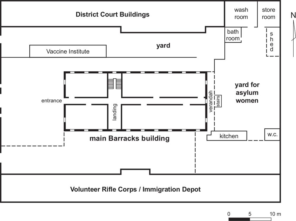 An aerial plan of Hyde Park Barracks. The main building sits at the centre with the District Court Buildings and the Volunteer Rifle Corps/Immigration Depot on either side. The yard for asylum women is next to the barracks.