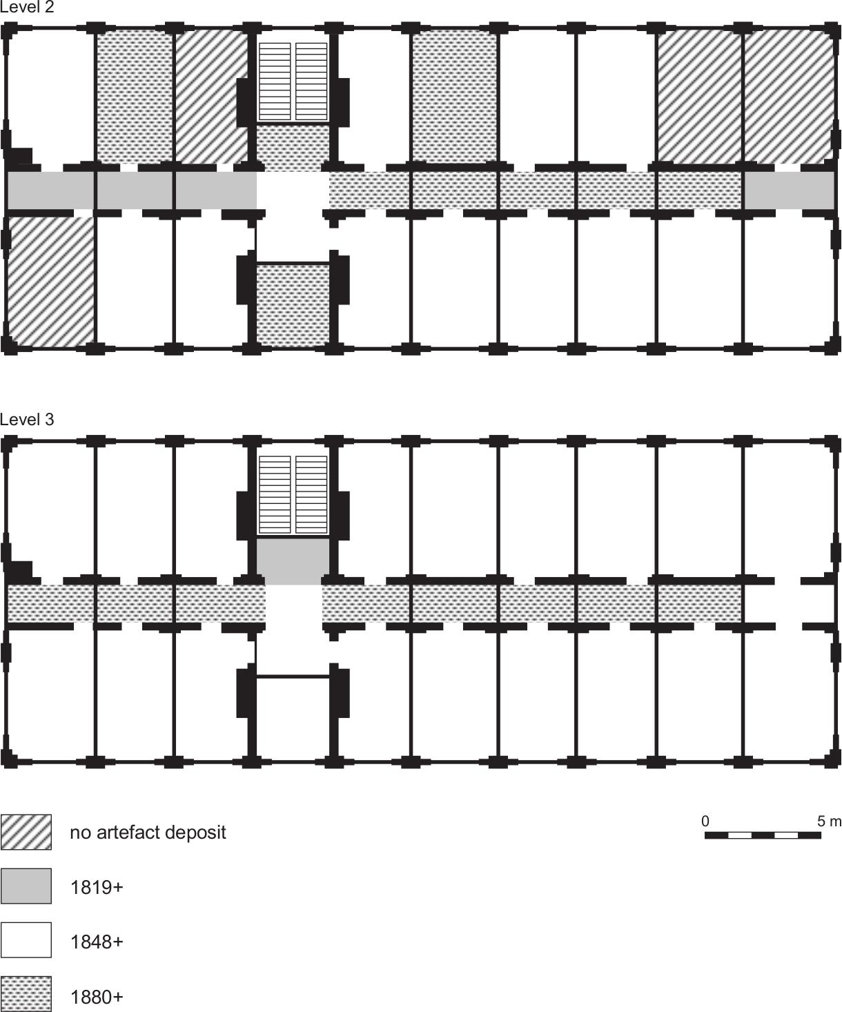 A map detailing the chronology of the ceilings on level 3 and level 2. The dates are" 1819+, 1848+ and 1880+.