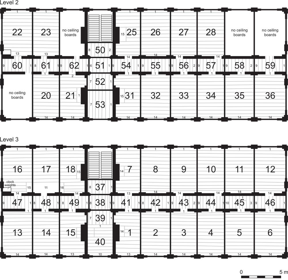 A map showing the joist groups for levels 2 and 3. Two groups on level 2 have no ceiling boards.