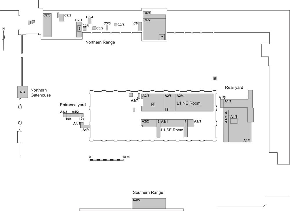 A map detailing the stages of excavation for the different sections of the barracks.