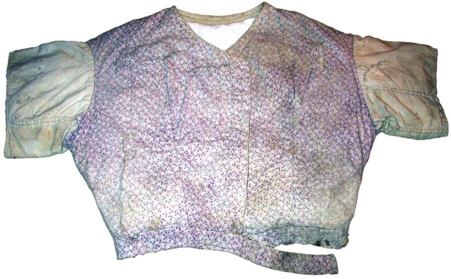 A photograph of a cotton bodice with a purple print with spots. The shoulder sleeves are white. 