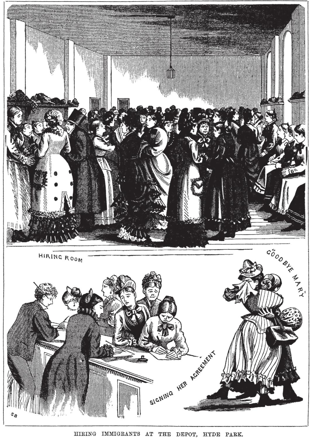 A black and white illustration of two scenes from the Hiring Room. The first shows a crowd of women standing in a room, and the other shows women signing a piece of paper on a table. Beside the table is a woman crying into her handkerchief.