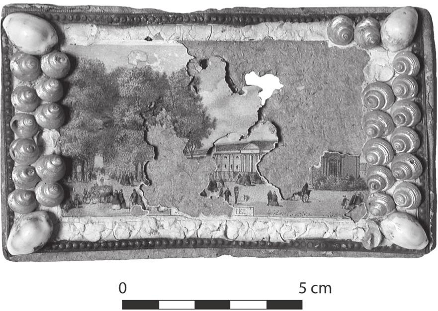 A black and white photograph of shellcraft cover of an album. There is an illustration but it is mostly torn.