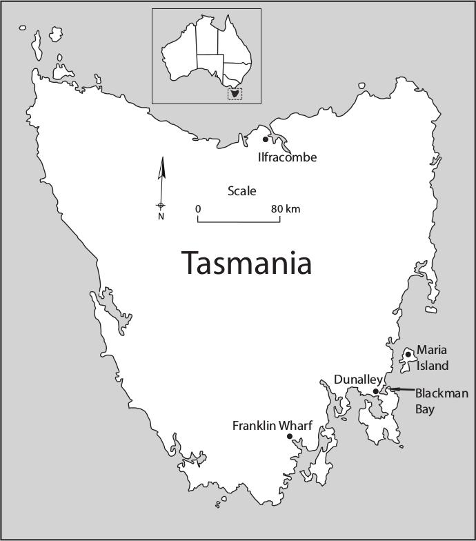 A map of Tasmania with Chinese fish-curing establishments; Ilfracombe, Maria Island, Dunalley, Blackman Bay and Franklin Wharf.