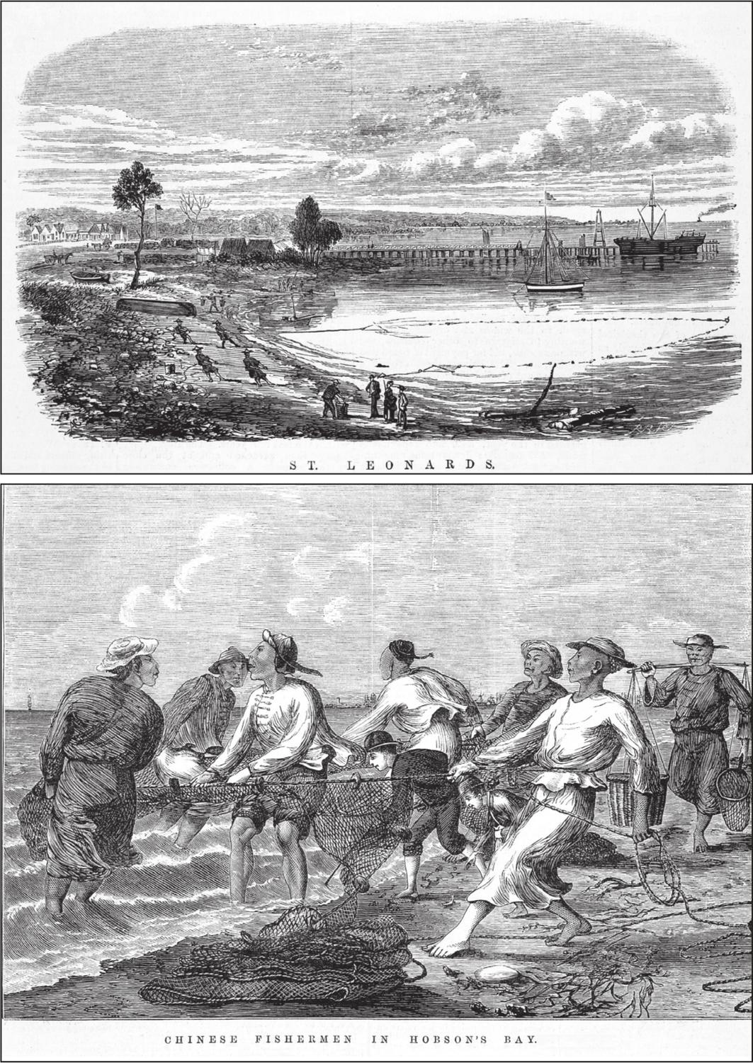 Two black and white wood engravings of Chinese fishermen. The first shows the shore with the piers and ship where a few figures are pulling nets on the shore. The second shows a detailed rendition of seven Chinese fishermen pulling a net together onto shore. They are all wearing traditional Chinese clothes and one is balancing a wooden handle that has two baskets on either end along his shoulders.