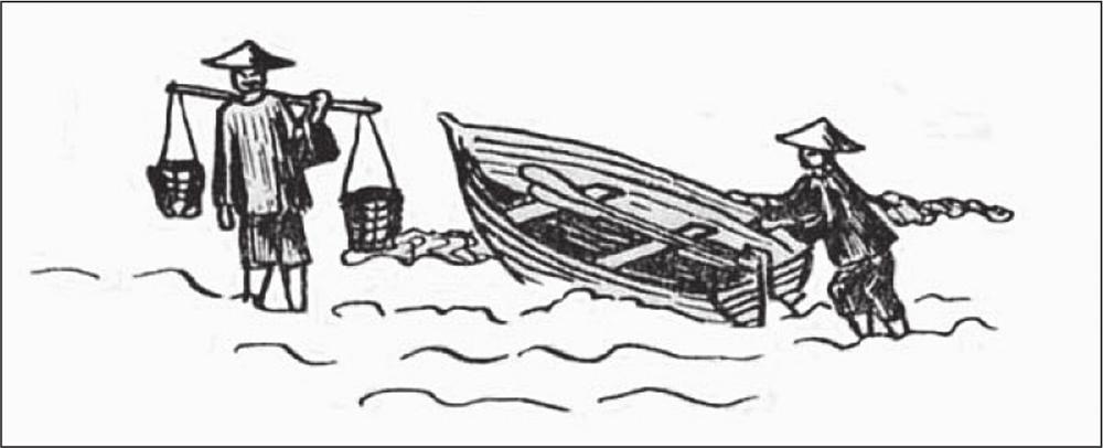 A black and white sketch of two Chinese fishermen. One is pushing a boat and the other is is balancing a wooden handle that has two baskets on either end along his shoulders.