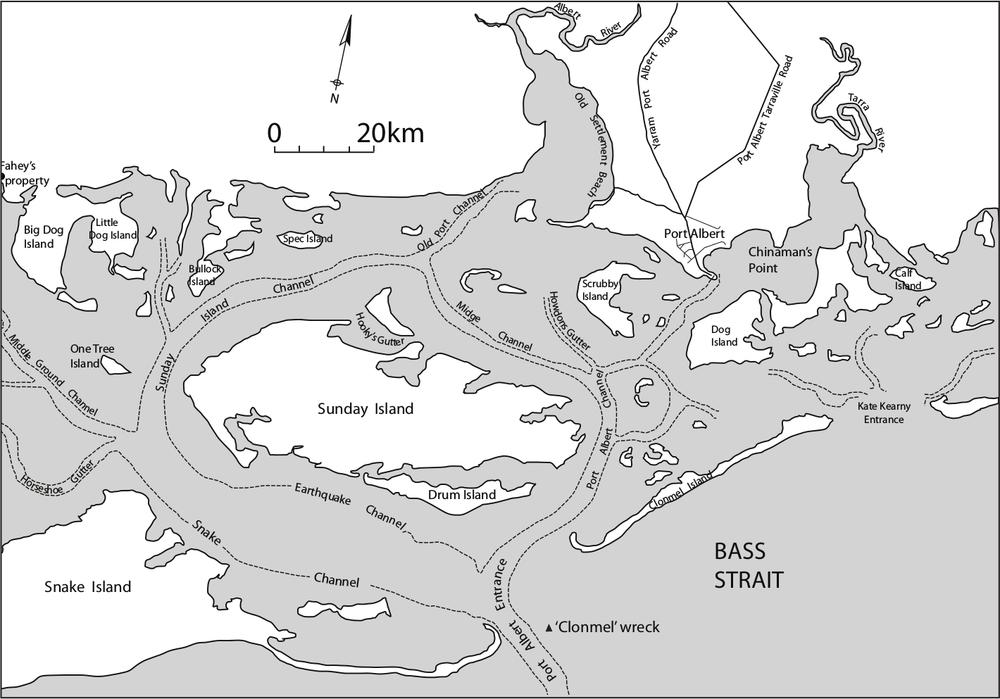 A map showing the waterways of south Gippsland. This encapsulates the islands of Snake Island, Sunday Island, Dog Island, Bullock Island, Drum Island, Scrubby Island and Calf Island.