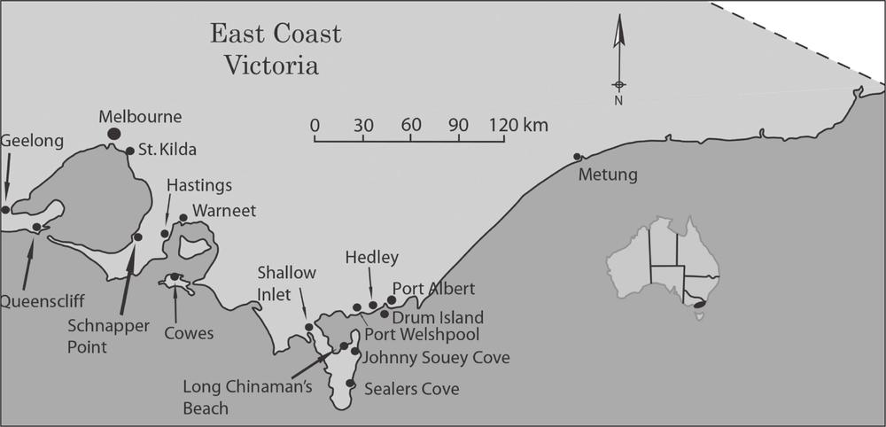 A map of the East Coast of Victoria. Along the coast the following areas are highlighted: Geelong, Queenscliff, Melbourne, Schnapper Point, St. Kilda, Hastings, Warneet, Cowes, Shallow Inlet, Long Chinaman's Beach, Sealers Cove, Johnny Souey Cove, Port Welshpool, Hedley, Drum Island, Port Albert and Metung.