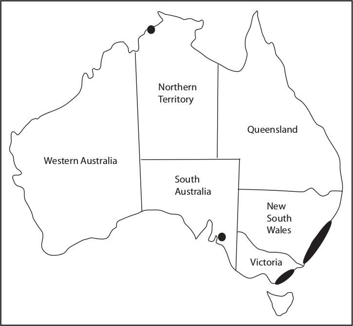 A map of Australia with dark areas around the south-east coast of Victoria and New South Wales. A small dot in South Australia near the Victoria border is highlighted and one dot on the coast of Northern Territory.