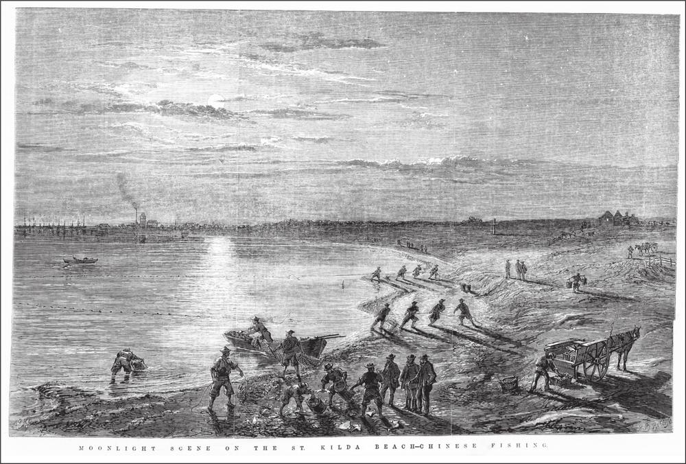 A black and white engraving of a shoreline at night where several groups of Chinese men are fishing. Some are pulling nets onto shore whilst others are pushing boats or organising objects on the shore. 