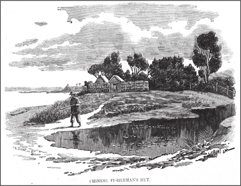 A black and white wood engraving of a hut near the shore with a small river leading into a pond. A figure is walking along the path that curves around the pond.