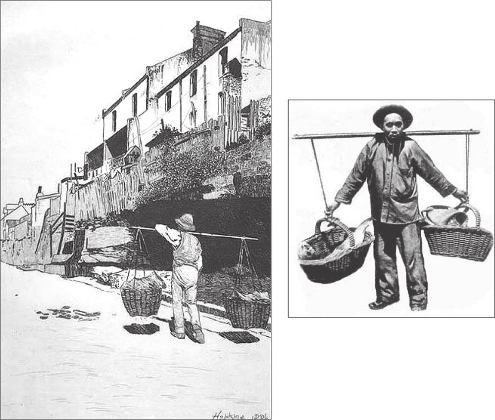 A black and white photograph comprising of two shots. The first is of a man balancing a shoulder basket as he walks along a street with a row of buildings. The second shot is of the man facing the camera as he balances a shoulder basket. 