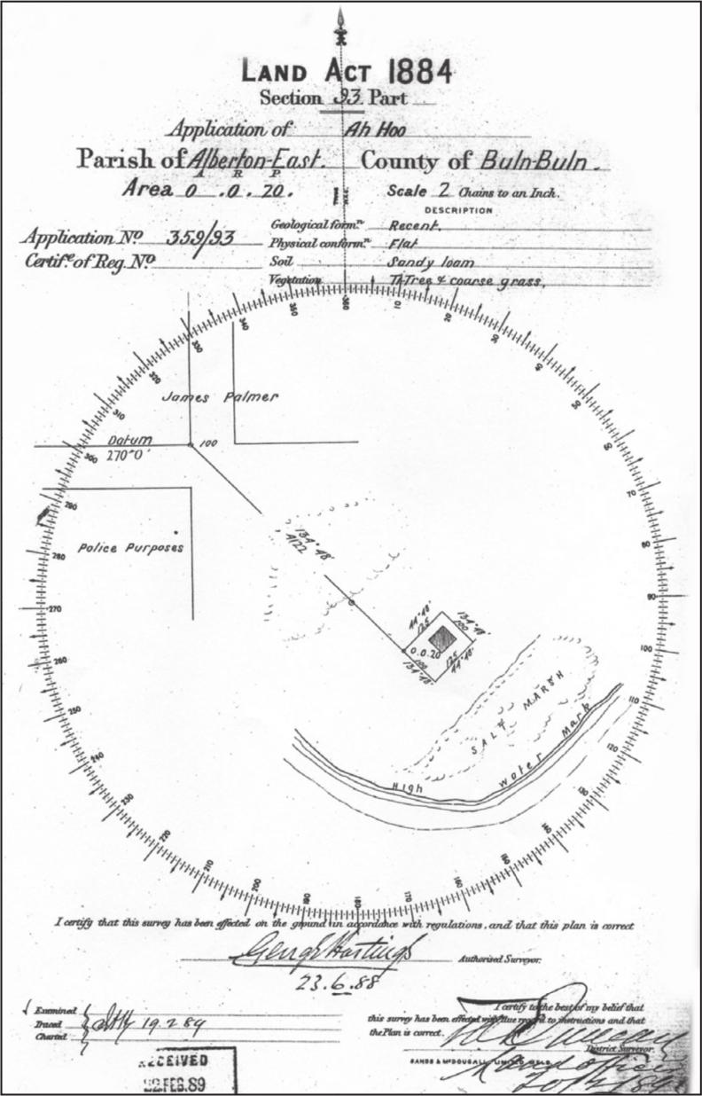 A black and white photograph of the Land Act 1884. A large circle defined by compass numbers encircle a rough sketch of a street. Above and below the circle are the details of the county and application. 