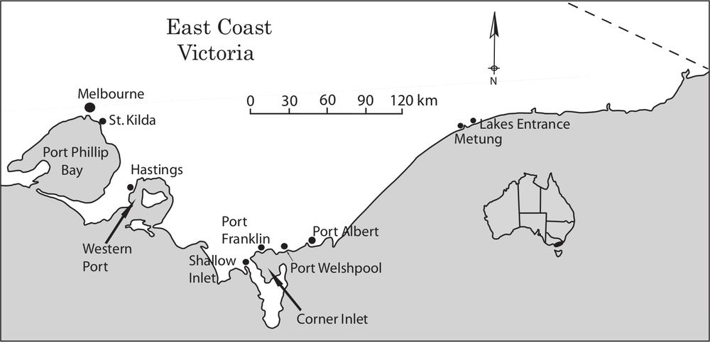 A map showing the east coast of Victoria, highlighting the cities and towns of Melbourne, St. Kilda, Hastings, Shallow Inlet, Port Franklin, Port Welshpool, Port Albert, Metung and Lakes Entrance.