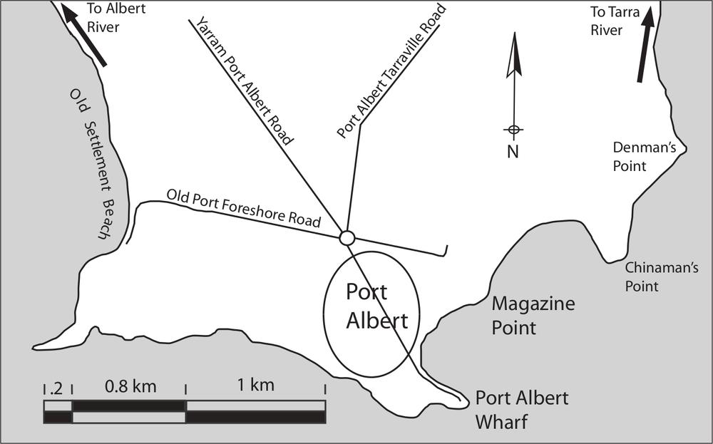 A map of Port Albert region, showing Old Port Foreshore Road and the intersecting roads of Yarram Port Albert Road and Port Albert Tarraville Road. Along the coast, Denman's Point, Chinaman's Point and Magazine Point are to the east of Port Albert.