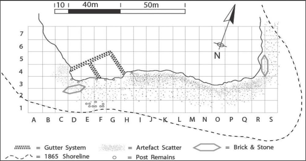 A map of Chinaman's Point site over a ten-by-ten metre grid system. A gutter system illustrated on the left side of the grid near a hexagon of bricks and stones. 