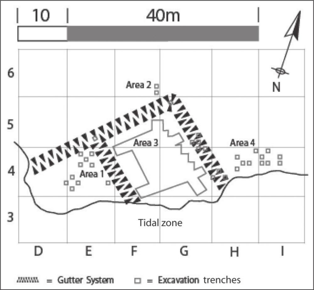 A map showing details of the gutter system enclosing Areas 1 and 3. Areas 2 and 4 are on the edges of the gutter system. 