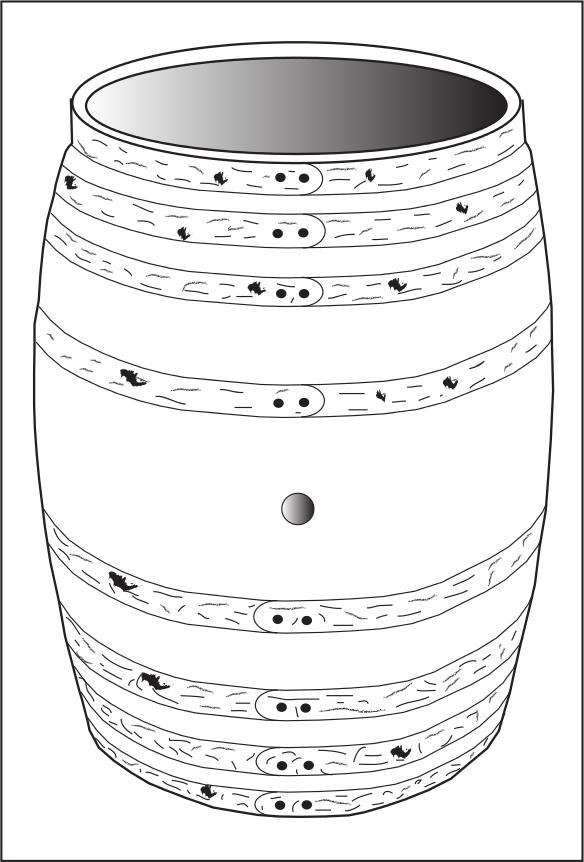 An illustration of a wooden barrel cask. It has four rings at the base and top.