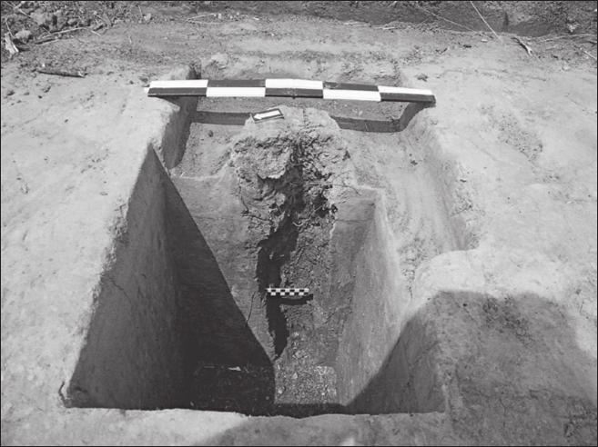 A black and white photograph of an excavated post. The deeper sections have darker colours.