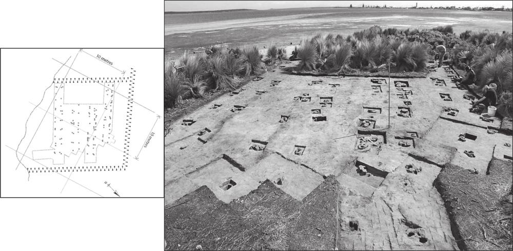 A black and white photograph of area 3 beside a diagram of the area. The photograph shows area 3 to resemble rectangular squares enclosed within large rectangular outlines spread out along the area.