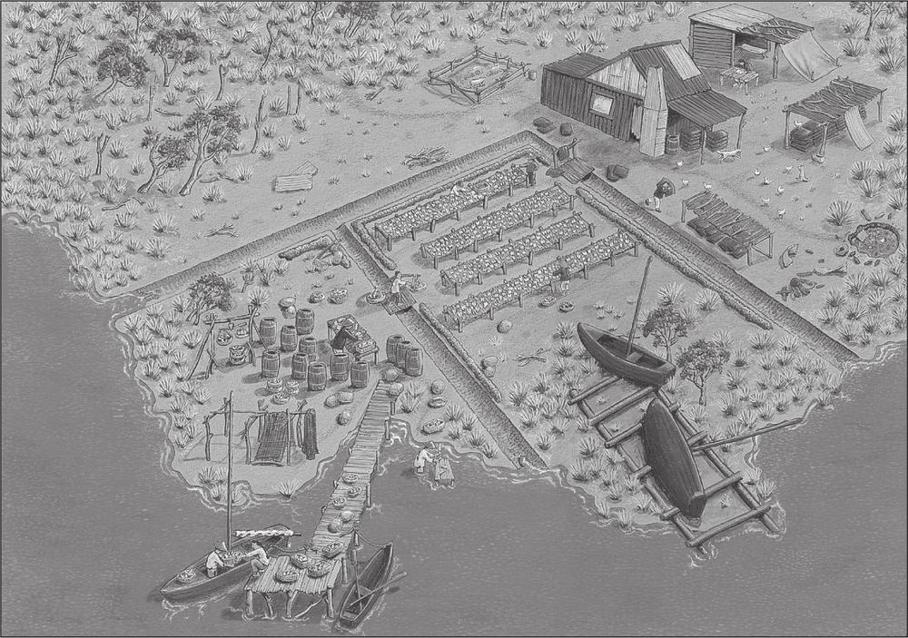 A black and white illustration of a reconstructed site. The shoreline has three dug-up trenches, barrels, racks and boat. Wooden shelters have been built nearby.