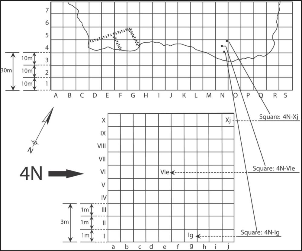 A site grid of a coast with a 10m scale of each square. 