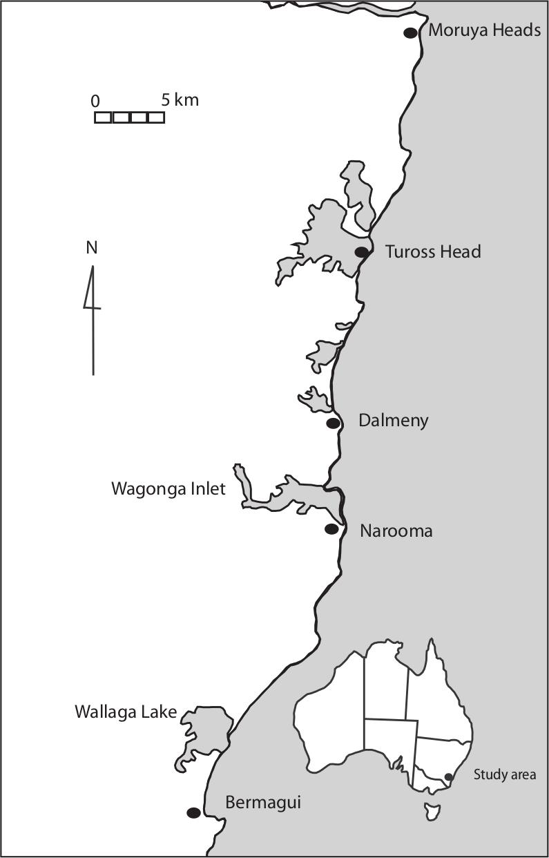 A map of the coast of New South Wales with dots locating Bermagui, Narooma, Dalmeny, Tuross Head and Moruya Heads.